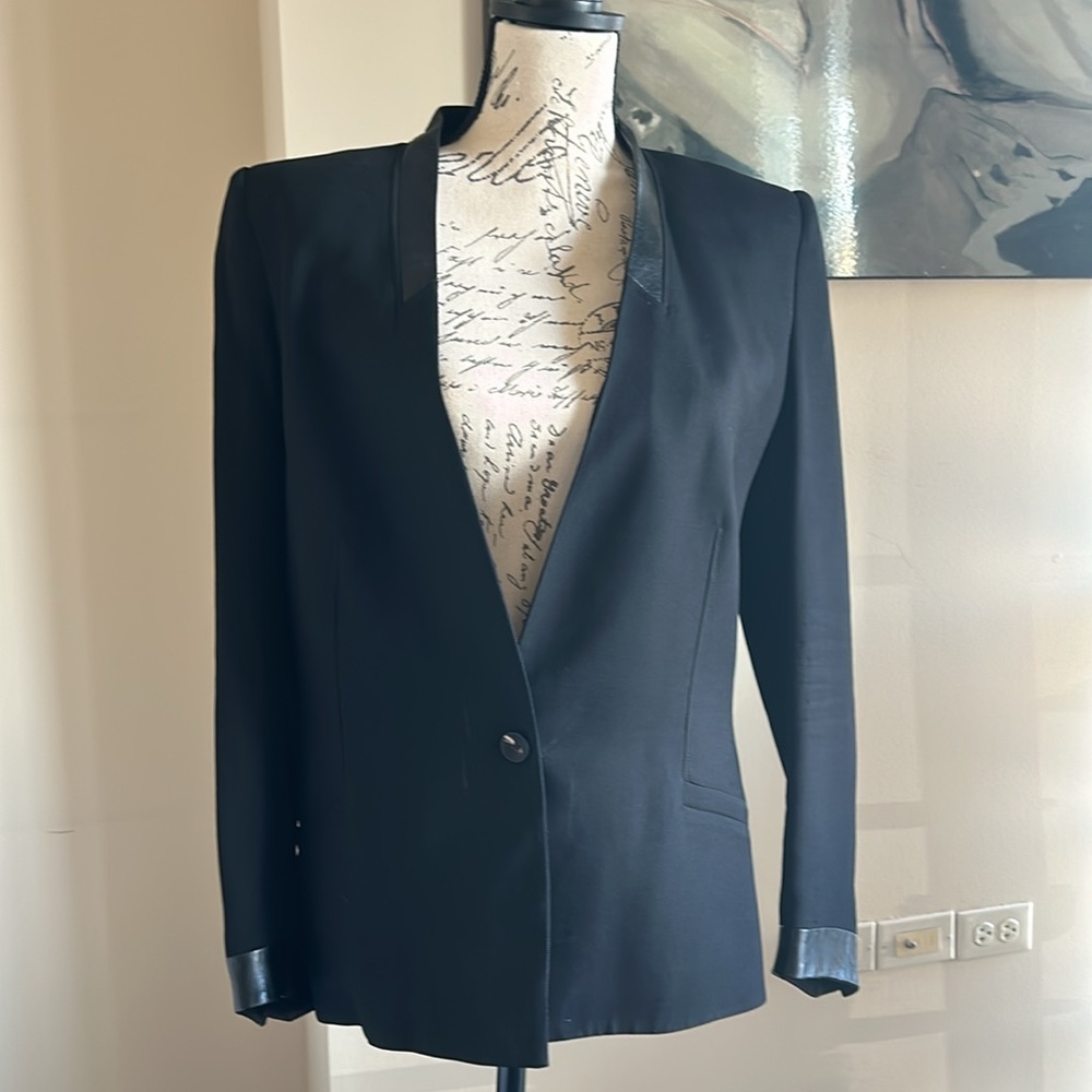 Helmut Lang Lapelless Single-Breasted Blazer Leather Trim Button Front Black 12